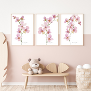 Pink Orchid Stem Watercolour Print-3 Piece Set
